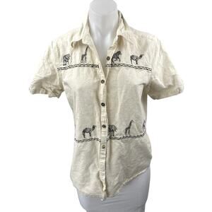 Cabin Creek White Zoo Animals Embroidered Shorts Sleeve Button Down Shirt Top M